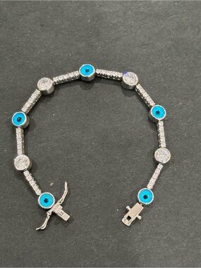 Sterling Silver Blue Evil Eye Tennis Bracelet - Sparkling CZ Accents